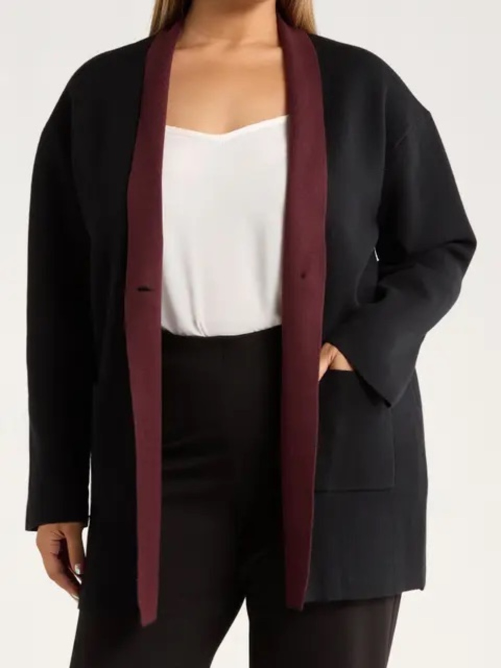 Black Open-Front Blazer with Burgundy Trim